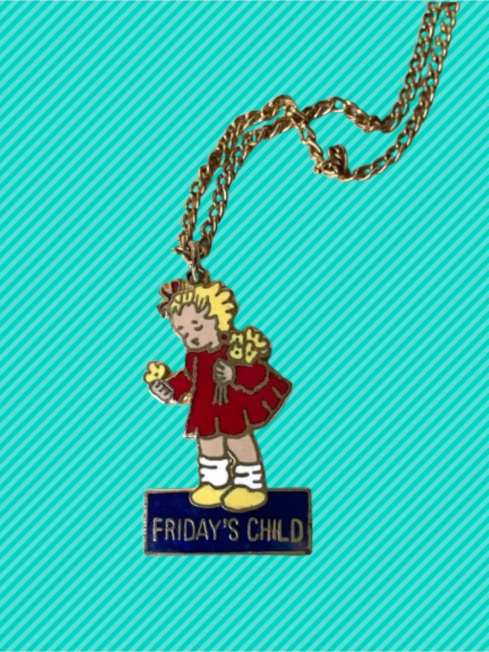 Vintage goldtone & enamel Friday’s Child pendant necklace kitsch retro